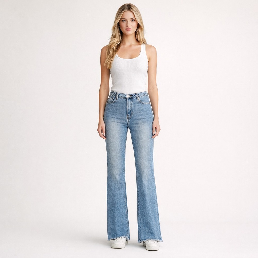 Mica Cotton Blend Flare Jeans Raw Hem Casual Blue Denim Women High Rise SZ 30